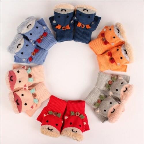 Childrens Winter Half-finger Gloves Cute Cartoon Thickened Plus Velvet Warmth Student Clamshell Knitted Gloves