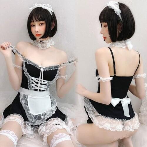 Womens Erotic Lingerie Set with Headband Maid Cosplay Uniform Lace Sling Sleepwear Dress Japanese Style EK-New
