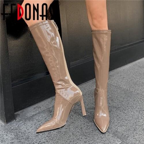 FEDONAS Sexy Shoes Woman Heels 2020 Fall Winter Back Zipper High Heels Boots For Women Genuine Leather Party Knee High Boots