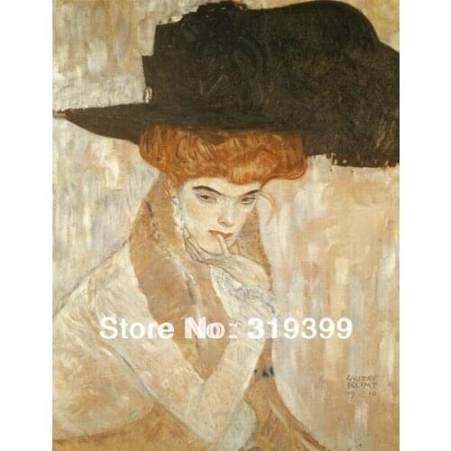 Gustav Klimt Oil Painting reproduction on Linen Canvas,Black Feather Hat,Fast Shipping,handmade,Museam Quality