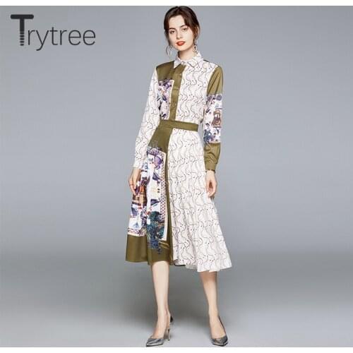 Trytree 2021 Spring Autumn Two Piece Women Set Fashion Asymmetric Printed Shirt + Zip Mid-Calf Skirt Office Lady 2 Piece Suit