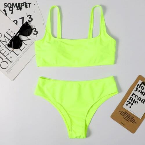 Swimwear For Teenage Girls Aesthetic 2021 Women Solid Color Push Up High Cut Hight Waist Halter Bikini Set Two Piece Swimsuit