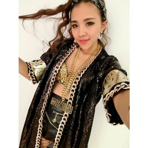 Laser Symphony Jersey long Coat Sequins Hologram Street Hip Hop Bar Club Lady Sexy Costume Long Metal Chain Music Festival Cos