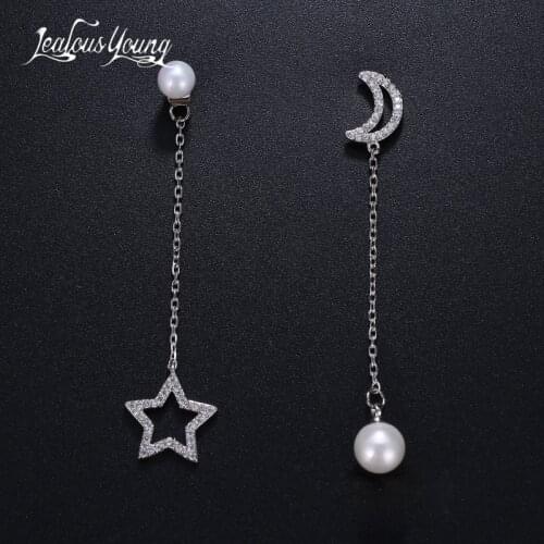 Fashion Moon and Star Long Earrings with Simulated Pearl Drop Earrings For Women White Gold Color Earings Jewelry Gift