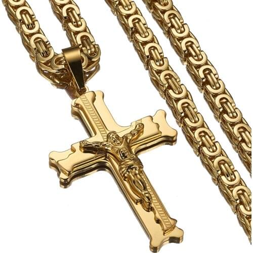 Men Boy Jewelry Popular Sell Gold Tone Stainless Steel Jesus Christ Cross Pendant Necklace 22"24"28"