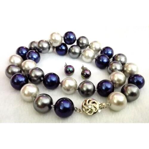 Jewelry set 12mm blue gray mixed Round bead necklace 10mm black colors stud earring Natural South Sea Shell Pearl AAA 45cm 18