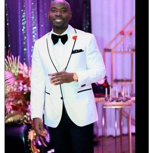 New Fashion White Groom Tuxedos Groomsmen Two Button Ivory 2 Pieces Best Man Suits Wedding Mens Blazer Pants Suit