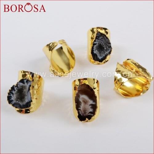 BOROSA Wholesale Druzy Gold Color Natural Crystal Druzy Open Band Rings, Fashion Freeform Natural Gems Druzy Ring Party G1388