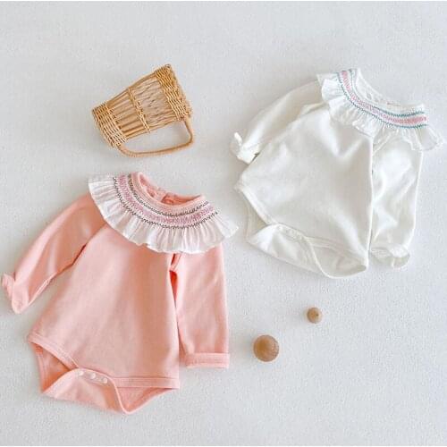 Autumn New Baby Girl Bodysuits Infant Long Sleeve Cotton Lotus Leaf Collar Newborn Bottoming Jumpsuit Solid Color Clothes