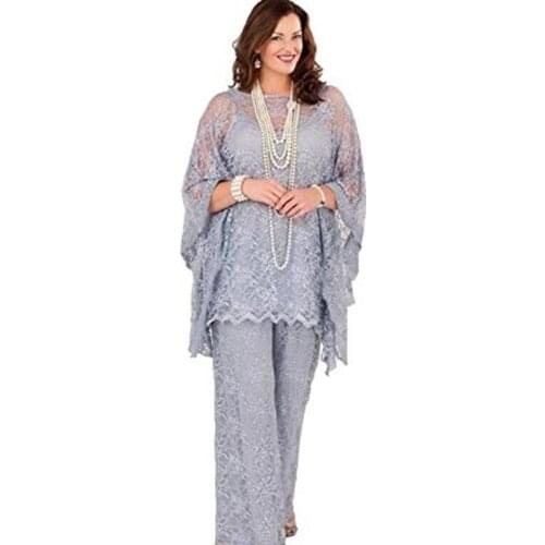 Mother of the Bride Dresses Elegant Champagne Lace Long Sleeves 2020 Pantsuit 3 Pieces Plus Size Wedding Party Guest Gown