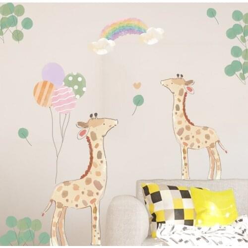 Cartoon Giraffe Wall Stickers Colorful Rainbow and Balloons Leaves Wallpaper for Kids Bedroom Removable Kindergarten Wall Mural