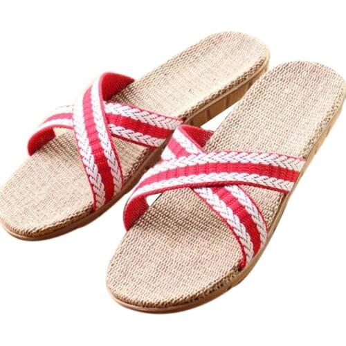Womens Home Linen Slippers Outdoor Beach Flip Flops Indoor Non-Slip Hotel House Flax Slippers Girls Sandals Women Slides Shoes
