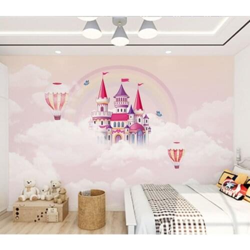 Modern nordic ins cartoon hand-painted pink hot air balloon castle childrens room background wall paper