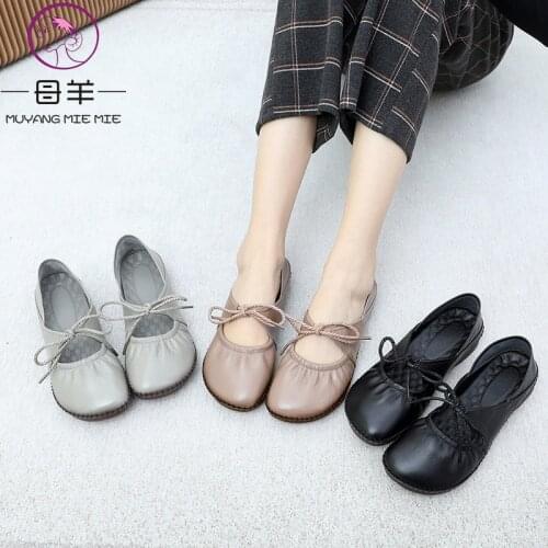 MUYANG 2021 Women Flats Shoes Woman Genuine Leather Soft Loafers Spring Autumn Comfortable Retro Handmade Casual Shoes