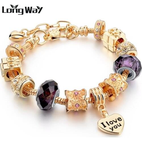 LongWay Fashion Gold Color Chain Bracelet Femme Purple Crystal Heart Bracelets Bangles Love Brand Jewelry Sbr160070103