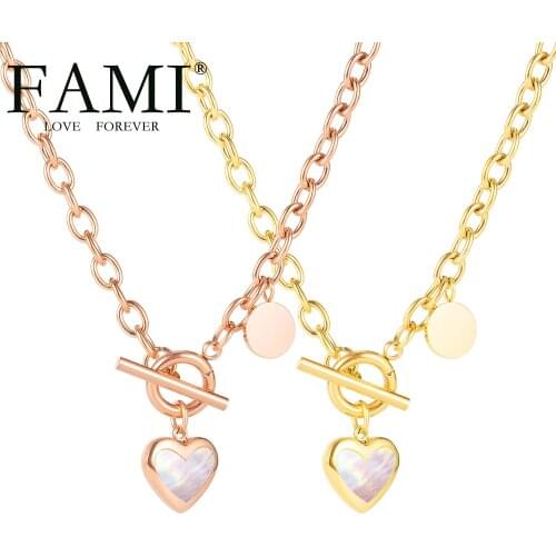 FAMI INS minimalist cold wind love titanium steel necklace Heart I Love You niche design light luxury OT buckle sweater chain Pe