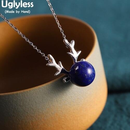 Uglyless Natural Lapis Amber Beeswax Jewelry for Women Vivid Animal Head Deer Necklaces Solid 925 Glossy Silver Pendants + Chain
