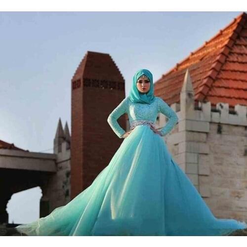 Charming Long Sleeve High Neck Muslim 2018 Blue A-line Lace Bridal Gown Crystal robe de mariage mother of the bride dresses