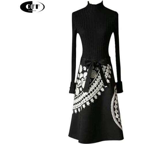 Designer Runway Autumn Winter Knitted Patchwork Lady Dress Vintage Bow Long Sleeve Black Slim Retro Embroidered Dresses Women ZA