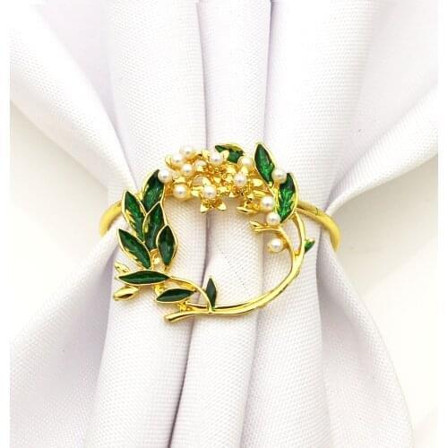 12pcs/lot Plant pearl wreath napkin ring alloy napkin ring wedding hotel table decoration napkin buckle