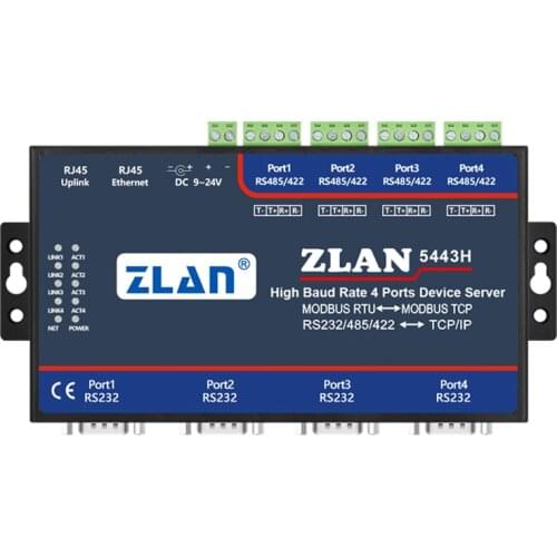 4 Serial Port RS232 RS485 RS422 to Ethernet TCP IP Converter Server Device ZLAN5443H Support Modbus RTU TCP