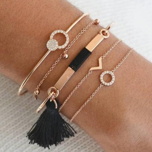 5 Pcs/Set Fashion Multilayer Crystal Letter V Bracelet Tassels Circle Bracelet Set Summer Beach Womans Jewelry Gifts
