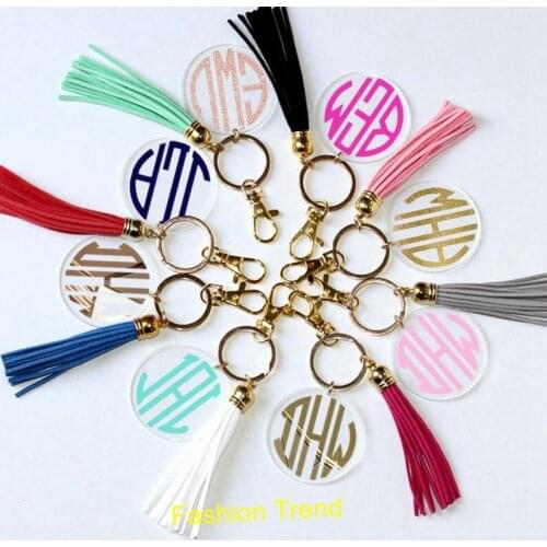 500pcs/lot Wholesale Monogrammed New Fashion Tassel Keychains New Disc Keychain For Women Enamel Monogram Keychain