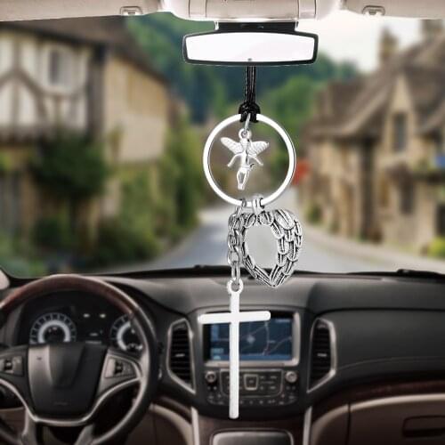 Car Pendant Ornaments Jesus Crucifix Cross Angel Wings Hanging Auto Interior Rear View Mirror Decoration Dangle Trim Accessory