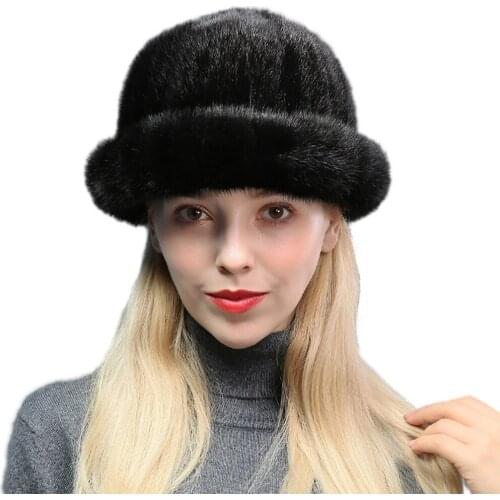 Women Genuine Real Whole Mink Fur Top Hats Female Winter Warm Mink Fur Cap