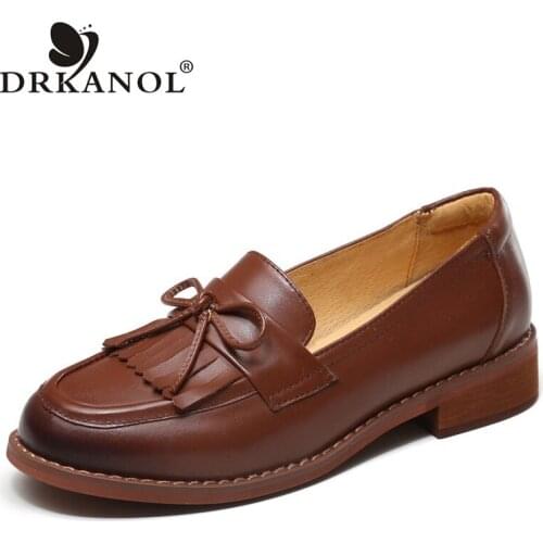 DRKANOL Handmade Retro Genuine Leather Loafers Women Slip On Flat Shoes Low Heel Casual Leather Daily Commute Women Shoes H2193