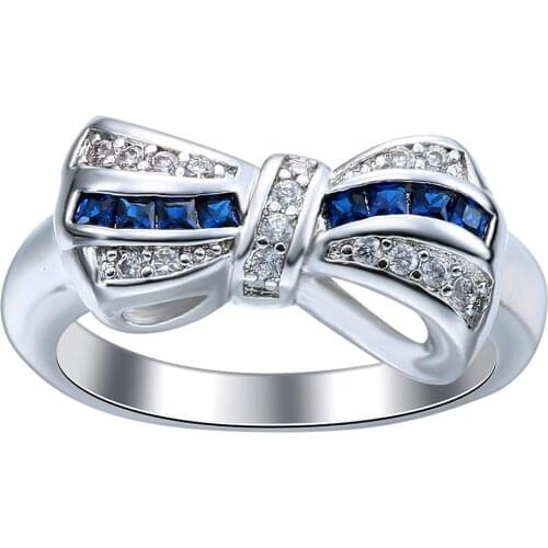 Hainon Silver Color Bow Rings For Women Cute Blue Cubic Zirconia Rings Fashion Black Gold Color Ring Jewelry Birthstone Gifts