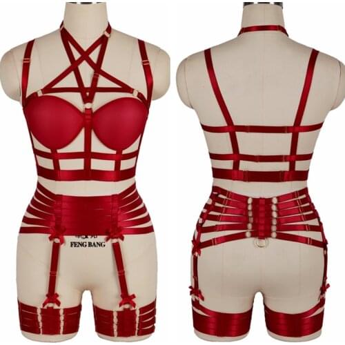Hot Red Lingerie Set Strappy Elastic Chest Pentagram Thigh Garter Women Sexy Cage Waist Harness Bra Punk Gothic Wedding Wear