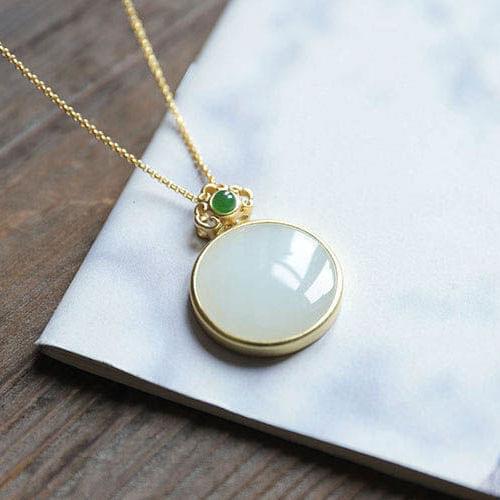 Natural Hetian Jade round Lucky Pendant Jade Pendant Female S925 Sterling Silver Simple Elegance Retro Clavicle Chain Sweater Ch