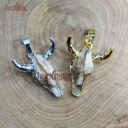 High Grade Resin Buffalo Boho Pendant Lovely Cattle Skull Shape Necklace Pendant Gold Silver Charm In 25*22 mm PM8675