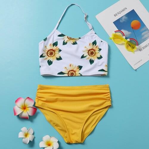 Summer Little Girls Swimwear Suit Kids Toddler Summer Creative Sunflower Printing Hanging Neck Split Swimsuit Set for 2-6T