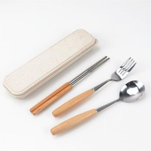 Wooden Handle Metal Chopsticks Stainless Steel Tableware Portable Travel Reusable Dinnerware for Kid School Flatware Cutlery