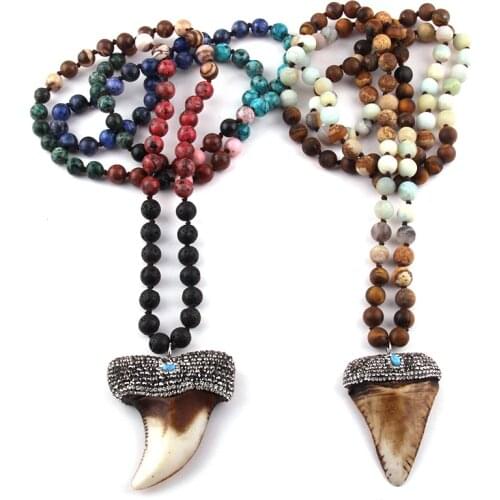 Fashion Bohemian Tribal Jewelry 108 Bead Multi Stones Long Knotted Handmade Paved Bull Head Pendant Necklace For Women