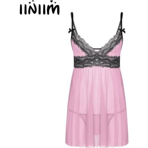 Mens Male Sissy Babydolls Sheer Lace Mesh Lingerie Costumes Adjustable Spaghetti Straps Lace Trim Chemise Babydoll Sleepwear