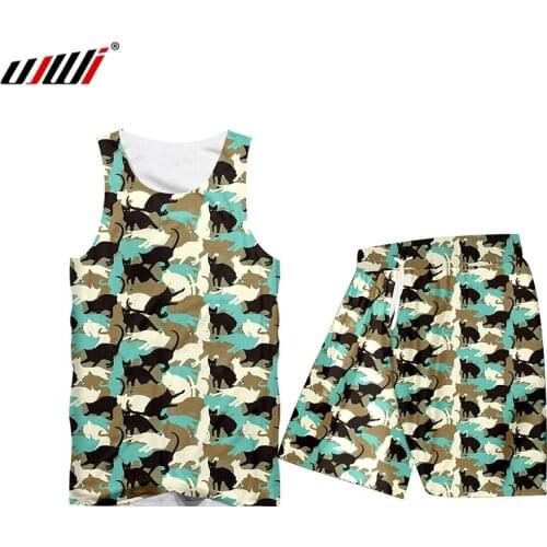 UJWI Summer 2 Piece Set 3D Paint Stitching Cat Short Sleeve Print Tank Tops Shorts Mens Sets Gym Sleeveless Hoodie Tee Set S-6XL