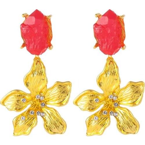 2020 New Brand ZA Earrings Jewelry Women Fashion Baroque Style Long Dangle Earrings Red Purple Stone Golden Flowers Drop Earring