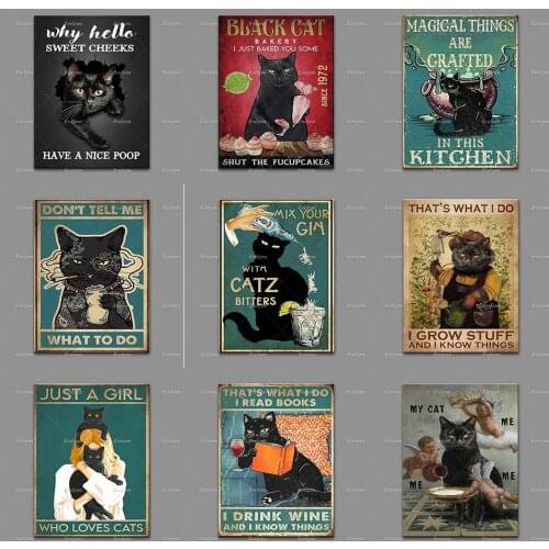 Black Cat Poster | Mix Your Gin With Catz Bitters Prints, Vintage Black Cat Poster, Cat and Wine Canvas, Home Decor, Wall Art