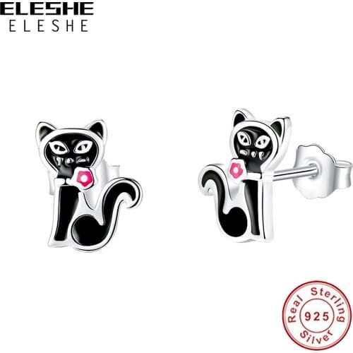ELESHE Pure 925 Sterling Silver Cute Cat Stud Earrings with Black Enamel Fine Earrings for Women Girls Kids Party Jewelry Gift