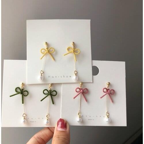 Green Bowknot Beautiful Long Clip Earrings Multi Simulated-pearls Pendant Earring for Women