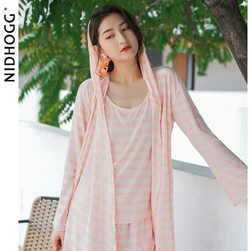 Spring Sling Shorts Nightgown Womens 3-piece Sets Striped Long Sleeve Hooded Sleepwear Lounge Wear Sexy Nightwear Luxury Pajamas