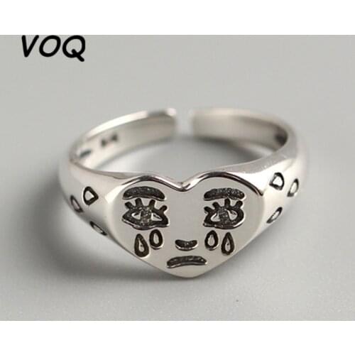 VOQ 925 Sterling Silver Retro Crying Face Open Womens Ring Simple Ancient Silver Cute Geometric Sad Tear Face Adjustable Ring
