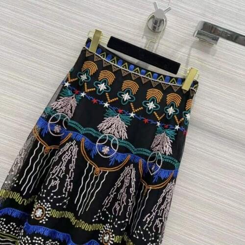 Fashion Women Summer Runway High Quality Luxury Flower Embroidery Mesh Long Holiday Party Skirt