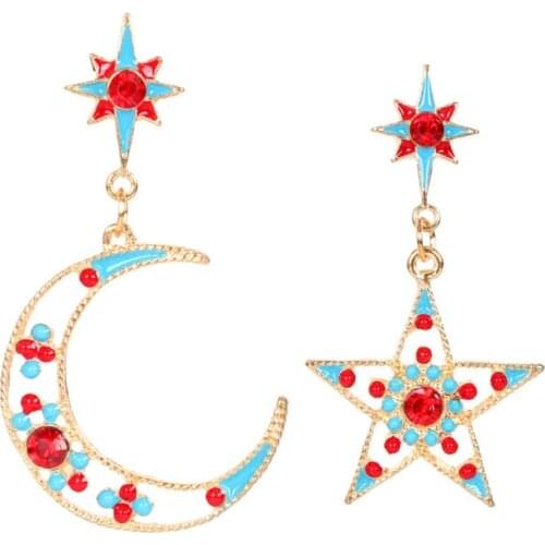 New Vintage Personality Stars Moon Asymmetry Earrings Fashion Colour Hollow Womans Drop Earrings Female Trend Jewelry Gift