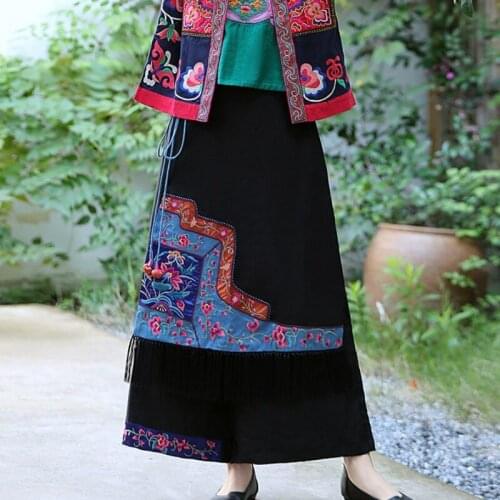 Women Harajuku Vintage Long Trousers China Ethnic Style Linen Embroidered Wide Leg Pant Ropa Casual Pantalones De Mujer Clothing