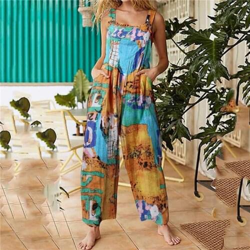 2021 Women Casual Floral Print Strappy Dungarees Vintage Cotton Linen Loose Party Long Harem Overalls Rompers Jumpsuits