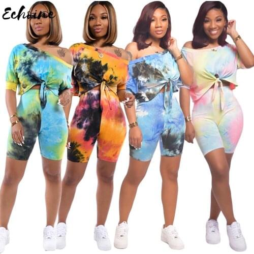Echoine Women Casual Tie Dye Print Two Piece Set Summer Short Sleeve T Shirt Lace Up Crop Top Bodycon Shorts Tracksuits Outfits